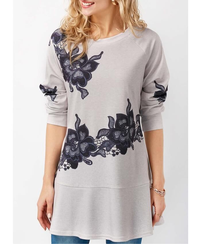 Long Sleeve Printed Light Grey T Shirt